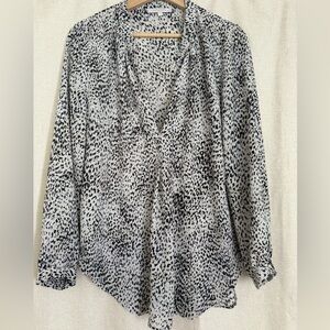 Olivaceous Deep V Long Sleeve Blouse in Blue Animal Print